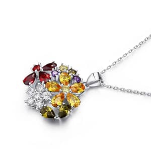 Multi-Color Topaz Flower Sterling Silver Pendant Necklace