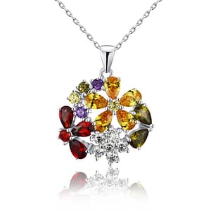 Multi-Color Topaz Flower Sterling Silver Pendant Necklace